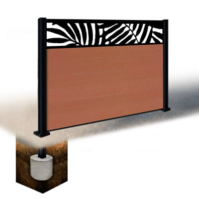 Easycomposite 4Ft Composite Fence Panel & Aluminium Post Sunken In GroundTeak Boards & Leafy Topper Trellis