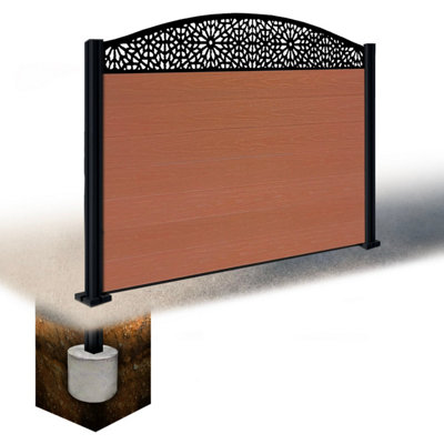Easycomposite 4Ft Composite Fence Panel & Aluminium Post Sunken In GroundTeak Boards & Morocco Curved Topper Trellis