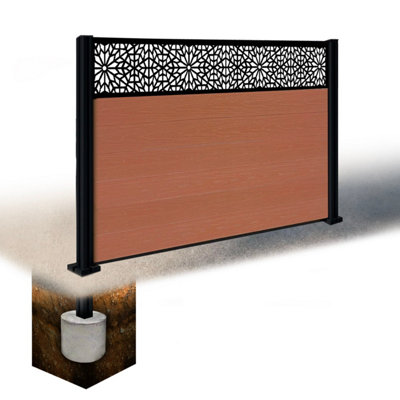 Easycomposite 4Ft Composite Fence Panel & Aluminium Post Sunken In GroundTeak Boards & Morocco Topper Trellis