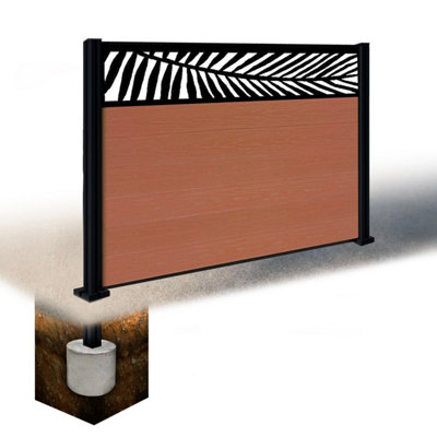 Easycomposite 4Ft Composite Fence Panel & Aluminium Post Sunken In GroundTeak Boards & Palm Topper Trellis