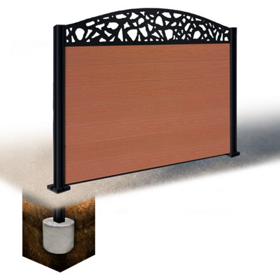 Easycomposite 4Ft Composite Fence Panel & Aluminium Post Sunken In GroundTeak Boards & Pebble Curved Topper Trellis