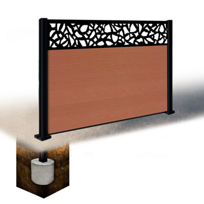 Easycomposite 4Ft Composite Fence Panel & Aluminium Post Sunken In GroundTeak Boards & Pebble Topper Trellis