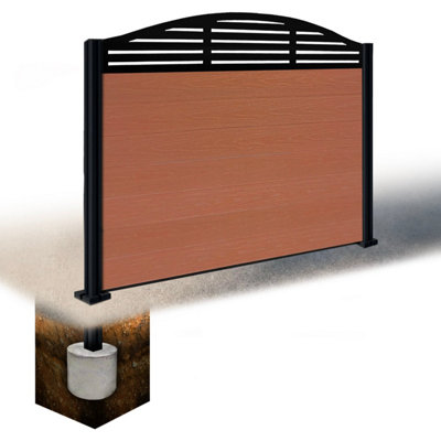 Easycomposite 4Ft Composite Fence Panel & Aluminium Post Sunken In GroundTeak Boards & Slat Curved Topper Trellis