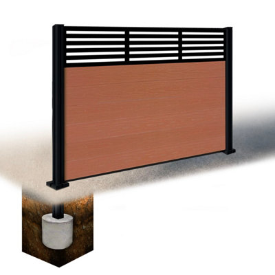 Easycomposite 4Ft Composite Fence Panel & Aluminium Post Sunken In GroundTeak Boards & Slat Topper Trellis