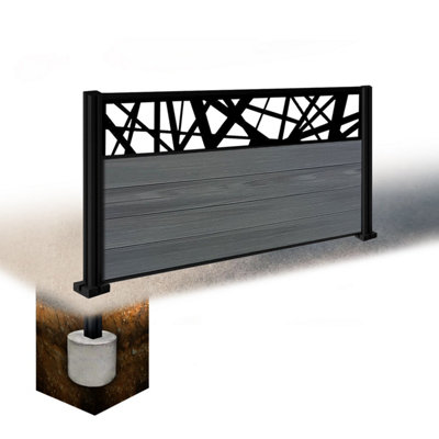 Easycomposite 3Ft Composite Fence Panel & Aluminium Post Sunken In GroundAnthracite Boards & Laser Topper Trellis