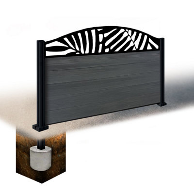 Easycomposite 3Ft Composite Fence Panel & Aluminium Post Sunken In GroundAnthracite Boards & Leafy Curved Topper Trellis
