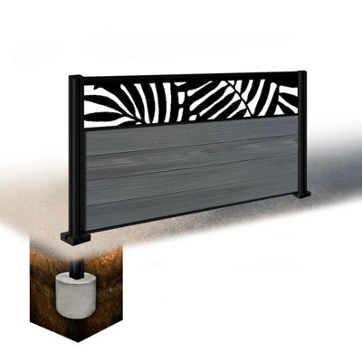Easycomposite 3Ft Composite Fence Panel & Aluminium Post Sunken In GroundAnthracite Boards & Leafy Topper Trellis