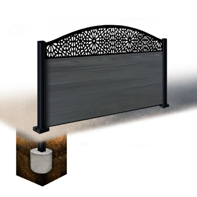 Easycomposite 3Ft Composite Fence Panel & Aluminium Post Sunken In GroundAnthracite Boards & Morocco Curved Topper Trellis