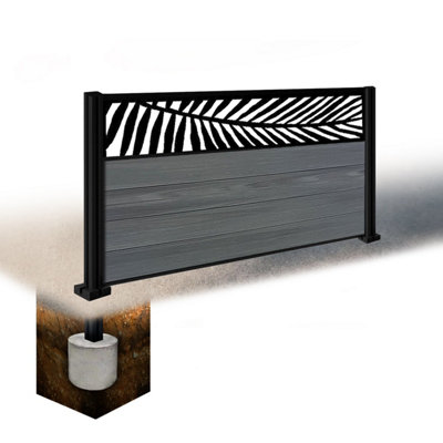Easycomposite 3Ft Composite Fence Panel & Aluminium Post Sunken In GroundAnthracite Boards & Palm Topper Trellis