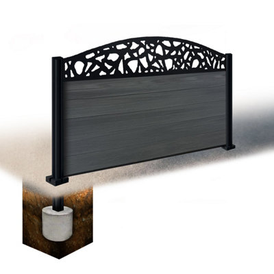 Easycomposite 3Ft Composite Fence Panel & Aluminium Post Sunken In GroundAnthracite Boards & Pebble Curved Topper Trellis