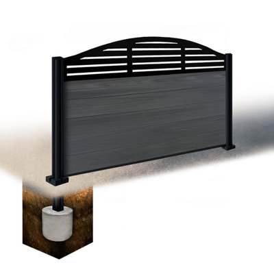 Easycomposite 3Ft Composite Fence Panel & Aluminium Post Sunken In GroundAnthracite Boards & Slat Curved Topper Trellis