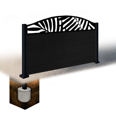 Easycomposite 3Ft Composite Fence Panel & Aluminium Post Sunken In GroundBlack Boards & Leafy Curved Topper Trellis