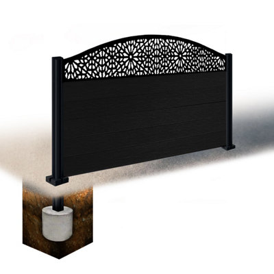 Easycomposite 3Ft Composite Fence Panel & Aluminium Post Sunken In GroundBlack Boards & Morocco Curved Topper Trellis