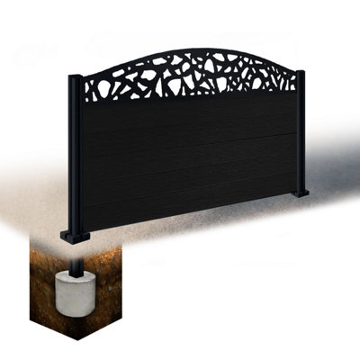 Easycomposite 3Ft Composite Fence Panel & Aluminium Post Sunken In GroundBlack Boards & Pebble Curved Topper Trellis
