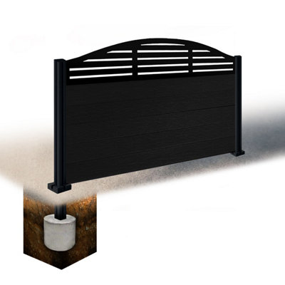 Easycomposite 3Ft Composite Fence Panel & Aluminium Post Sunken In GroundBlack Boards & Slat Curved Topper Trellis