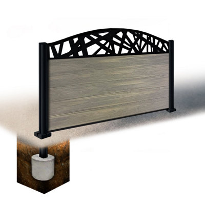 Easycomposite 3Ft Composite Fence Panel & Aluminium Post Sunken In GroundGreige Boards & Laser Curved Topper Trellis