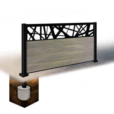 Easycomposite 3Ft Composite Fence Panel & Aluminium Post Sunken In GroundGreige Boards & Laser Topper Trellis