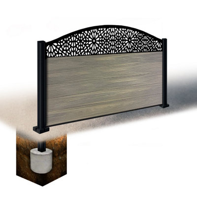 Easycomposite 3Ft Composite Fence Panel & Aluminium Post Sunken In GroundGreige Boards & Morocco Curved Topper Trellis