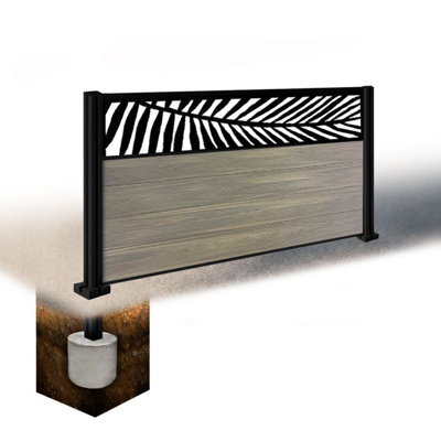 Easycomposite 3Ft Composite Fence Panel & Aluminium Post Sunken In GroundGreige Boards & Palm Topper Trellis