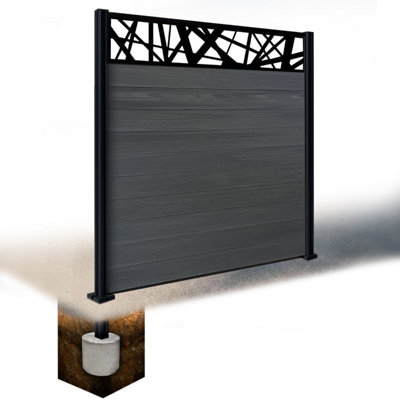 Easycomposite 6Ft Composite Fence Panel & Aluminium Post Sunken In GroundAnthracite Boards & Laser Topper Trellis