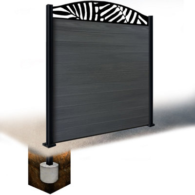 Easycomposite 6Ft Composite Fence Panel & Aluminium Post Sunken In GroundAnthracite Boards & Leafy Curved Topper Trellis