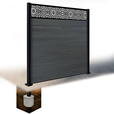 Easycomposite 6Ft Composite Fence Panel & Aluminium Post Sunken In GroundAnthracite Boards & Morocco Topper Trellis
