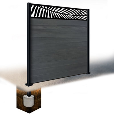 Easycomposite 6Ft Composite Fence Panel & Aluminium Post Sunken In GroundAnthracite Boards & Palm Topper Trellis