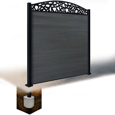 Easycomposite 6Ft Composite Fence Panel & Aluminium Post Sunken In GroundAnthracite Boards & Pebble Curved Topper Trellis