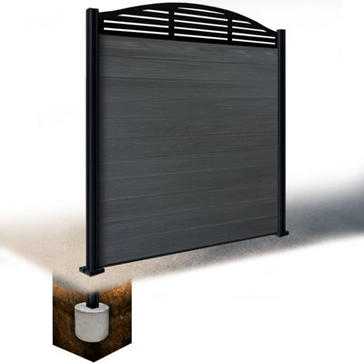 Easycomposite 6Ft Composite Fence Panel & Aluminium Post Sunken In GroundAnthracite Boards & Slat Curved Topper Trellis