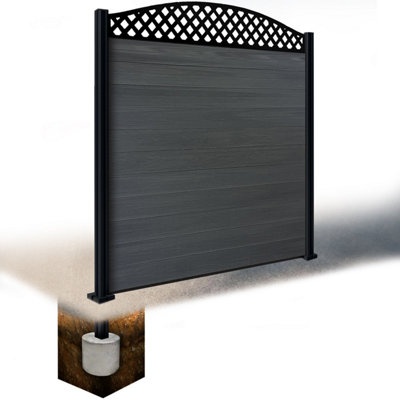 Easycomposite 6Ft Composite Fence Panel & Aluminium Post Sunken In GroundAnthracite Boards & Wave Curved Topper Trellis