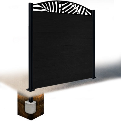 Easycomposite 6Ft Composite Fence Panel & Aluminium Post Sunken In GroundBlack Boards & Leafy Curved Topper Trellis