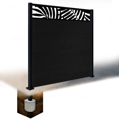 Easycomposite 6Ft Composite Fence Panel & Aluminium Post Sunken In GroundBlack Boards & Leafy Topper Trellis