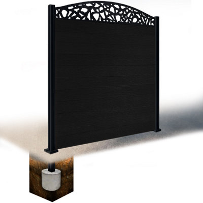 Easycomposite 6Ft Composite Fence Panel & Aluminium Post Sunken In GroundBlack Boards & Pebble Curved Topper Trellis