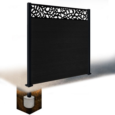 Easycomposite 6Ft Composite Fence Panel & Aluminium Post Sunken In GroundBlack Boards & Pebble Topper Trellis