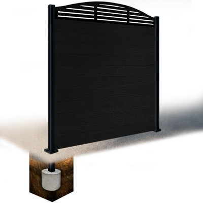 Easycomposite 6Ft Composite Fence Panel & Aluminium Post Sunken In GroundBlack Boards & Slat Curved Topper Trellis