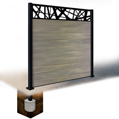 Easycomposite 6Ft Composite Fence Panel & Aluminium Post Sunken In GroundGreige Boards & Laser Topper Trellis