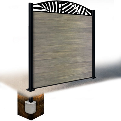 Easycomposite 6Ft Composite Fence Panel & Aluminium Post Sunken In GroundGreige Boards & Leafy Curved Topper Trellis