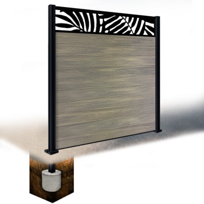 Easycomposite 6Ft Composite Fence Panel & Aluminium Post Sunken In GroundGreige Boards & Leafy Topper Trellis