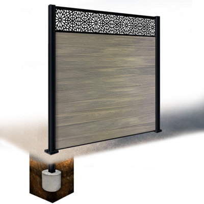 Easycomposite 6Ft Composite Fence Panel & Aluminium Post Sunken In GroundGreige Boards & Morocco Topper Trellis