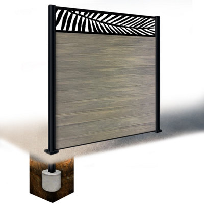 Easycomposite 6Ft Composite Fence Panel & Aluminium Post Sunken In GroundGreige Boards & Palm Topper Trellis