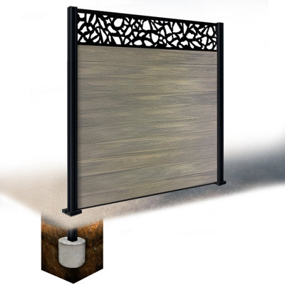 Easycomposite 6Ft Composite Fence Panel & Aluminium Post Sunken In GroundGreige Boards & Pebble Topper Trellis
