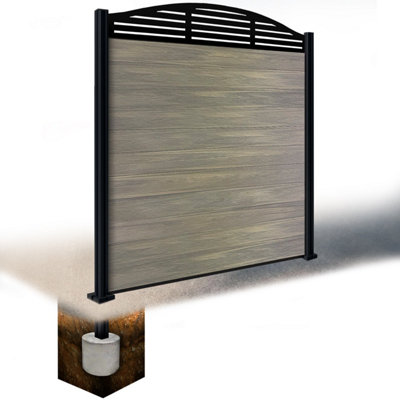 Easycomposite 6Ft Composite Fence Panel & Aluminium Post Sunken In GroundGreige Boards & Slat Curved Topper Trellis
