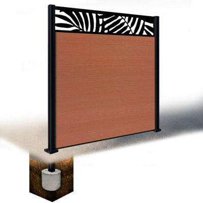 Easycomposite 6Ft Composite Fence Panel & Aluminium Post Sunken In GroundTeak Boards & Leafy Topper Trellis