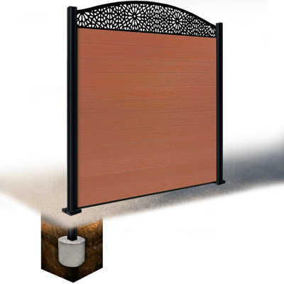 Easycomposite 6Ft Composite Fence Panel & Aluminium Post Sunken In GroundTeak Boards & Morocco Curved Topper Trellis