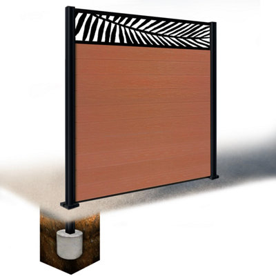 Easycomposite 6Ft Composite Fence Panel & Aluminium Post Sunken In GroundTeak Boards & Palm Topper Trellis