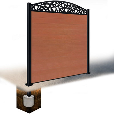 Easycomposite 6Ft Composite Fence Panel & Aluminium Post Sunken In GroundTeak Boards & Pebble Curved Topper Trellis