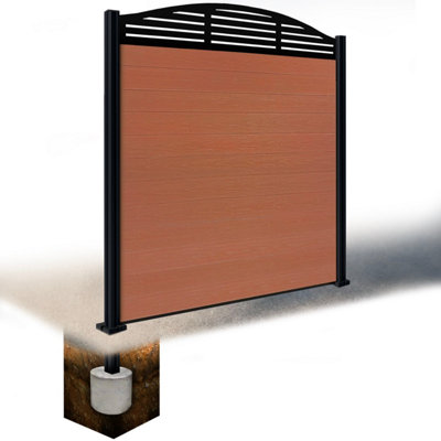 Easycomposite 6Ft Composite Fence Panel & Aluminium Post Sunken In GroundTeak Boards & Slat Curved Topper Trellis