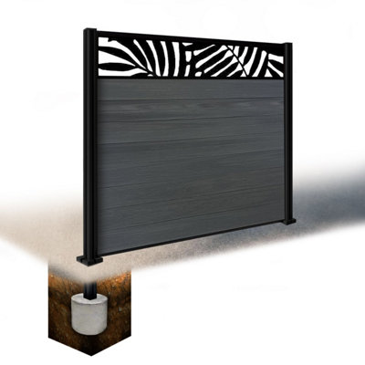 Easycomposite 5Ft Composite Fence Panel & Aluminium Post Sunken In GroundAnthracite Boards & Leafy Topper Trellis