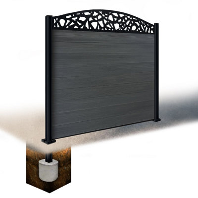 Easycomposite 5Ft Composite Fence Panel & Aluminium Post Sunken In GroundAnthracite Boards & Pebble Curved Topper Trellis