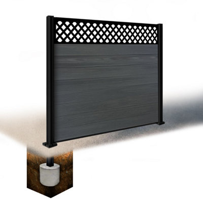 Easycomposite 5Ft Composite Fence Panel & Aluminium Post Sunken In GroundAnthracite Boards & Wave Topper Trellis